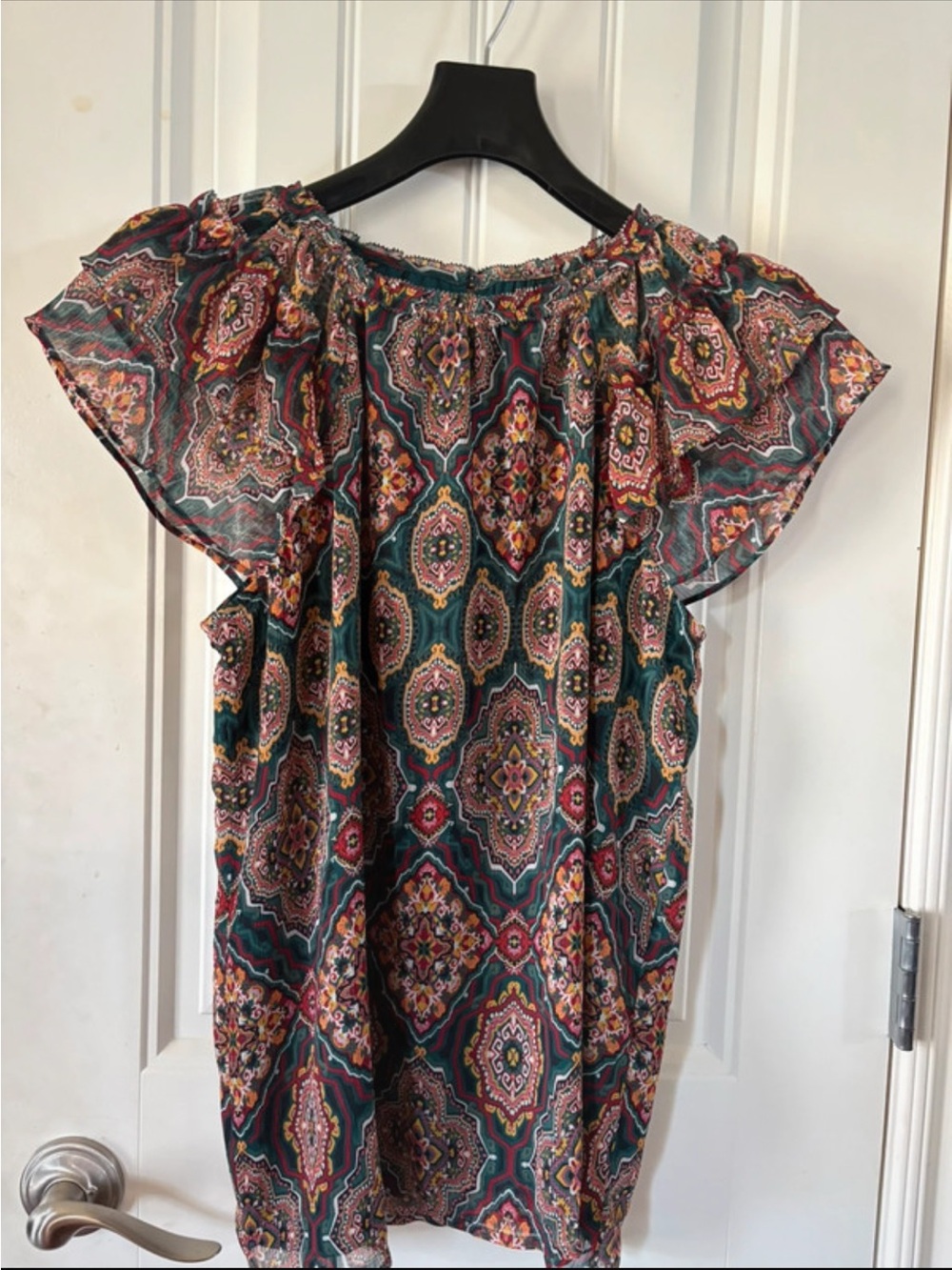 LOFT Teal Multicolor Medallion Flutter Sleeve Blouse